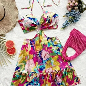 Multicolor Boho Women's Vacation Short Tropical Beach Halter Strap Mini Dress